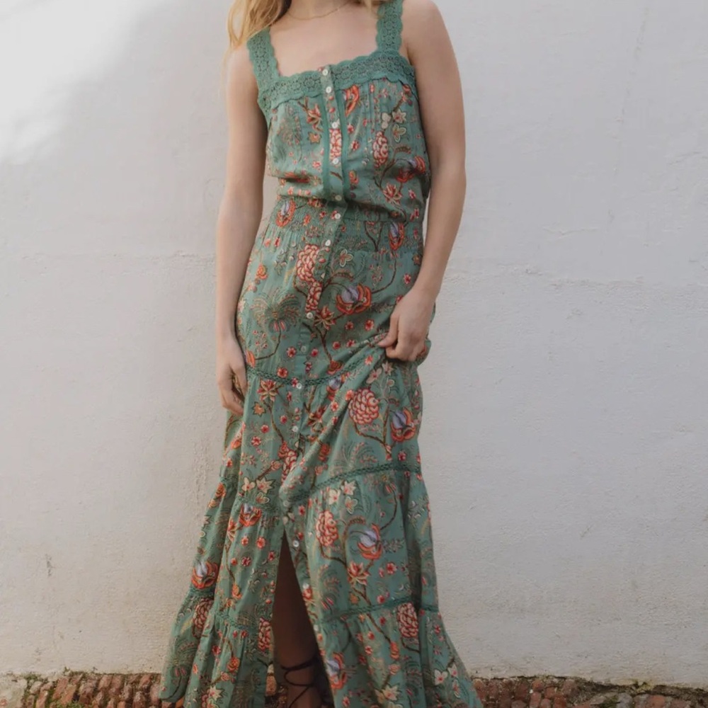 Sonmer cotton block print Chic Green Floral Maxi Martina Dress New